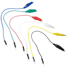 Load image into Gallery viewer, 30 Piece Alligator Clip to Male Jumper Pin Test Lead Set - Includes 5 Green, 5 Red, 5 Black, 5 Yellow, 5 White, and 5 Blue Cables, 8-inch Length