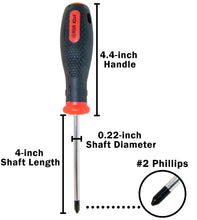Load image into Gallery viewer, #2 Phillips Screwdriver, 4" Shaft, Magnetic Tip, Chrome Vanadium, Rubber Grip Handle, 8-3/8" Overall