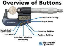 Load image into Gallery viewer, 0-1" Range (0-25mm) Digital Micrometer with 6 Digit LCD Display, 0.001mm Resolution, Features mm/inch Conversion Button