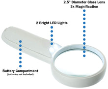 Load image into Gallery viewer, 2.5" Diameter Handheld Illuminated Magnifying Glass with 2 LEDs, 3X Magnification Power
