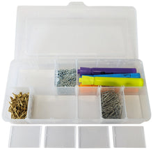 Load image into Gallery viewer, Clear Component Storage Box with Lid, Removable Dividers, 2 to 12 Divisions, 10" x 4⅞" x 1⅝"