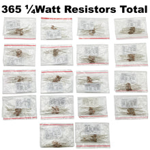 Load image into Gallery viewer, 365 Piece Resistor Kit 1/4 Watt in Compartmentalized Cardboard Storage Box - Wide Variety of Values