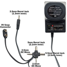 Load image into Gallery viewer, 9w, 500mA Universal AC/DC Power Adapter 1.5, 3, 4.5, 6, 7.5, 9 and 12V DC with 4 Foot Cord