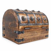 Load image into Gallery viewer, Pirate's Treasure Chest (6.5" x 4.5" x 4.5") Wooden Nautical Jewelry Box with Functional Lock and 2 Keys, Wood with Iron Accents, Hinged Lid