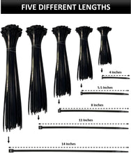 Load image into Gallery viewer, 500 Piece Zip Tie Assortment, Includes 4", 5.5", 8", 11", 14" UV Resistant Nylon Wire Ties for Indoor or Outdoor Cable Management (Black)