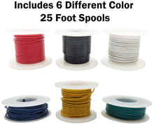 Load image into Gallery viewer, Solid 24 Gauge Hook Up Wire Kit - Includes 6 Different Color 25 Foot Spools, Tinned Copper, PVC Insulated