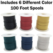 Load image into Gallery viewer, Stranded 24 Gauge Hook Up Wire Kit - Includes 6 Different Color 100 Foot Spools, Tinned Copper, PVC Insulated