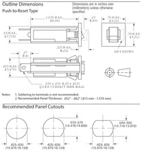 Load image into Gallery viewer, 1A Thermal Circuit Breaker, 1 Pole, 250V AC / 32V DC, Snap-in Panel Mount with Push to Reset Actuator (W28-XQ1A-1)