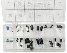 Load image into Gallery viewer, 58 Piece Capacitor Assortment - Includes Disc, Mylar, and Electrolytic - Values from 4.7 pF to 2,200 µF