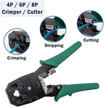 Load image into Gallery viewer, 9-in-1 Network Toolkit with RJ45 Ethernet Crimping Tool, Krone Type Punch Down Tool, Networking Cable Tester, RJ45 Connectors, and Wire Strippers with Carrying Case