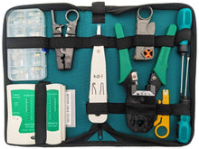 Load image into Gallery viewer, 9-in-1 Network Toolkit with RJ45 Ethernet Crimping Tool, Krone Type Punch Down Tool, Networking Cable Tester, RJ45 Connectors, and Wire Strippers with Carrying Case