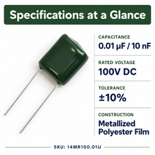 Load image into Gallery viewer, 0.01 µF 100V DC ±10% Mylar Radial Capacitor (Metallized Polyester Film)