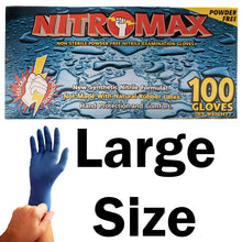 Load image into Gallery viewer, 100 Count SIZE LARGE Powder-Free Nitrile Gloves, 5 Mil, Food Grade, Disposable (Blue Color)