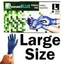 Load image into Gallery viewer, Emerald Shannon 100 Count SIZE LARGE Powder-Free Vinyl Gloves – 4 Mil, Blue