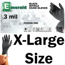 Load image into Gallery viewer, 100 Count SIZE X-LARGE Powder-Free Nitrile Gloves, 3 Mil, Food Grade, Disposable (Black Color)