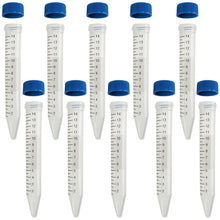 Load image into Gallery viewer, 10 Pack 14mL Conical Graduated Plastic Centrifuge Tubes with Caps (5" Long, 5/8" Diameter)