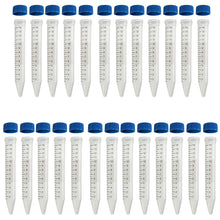 Load image into Gallery viewer, 25 Pack 14mL Conical Graduated Plastic Centrifuge Tubes with Caps (5" Long, 5/8" Diameter)