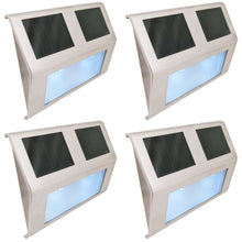 Load image into Gallery viewer, 4 Pack Solar Charging Wall Mount Downward Facing Cool White LED Lights with Mounting Screws, Outdoor Weatherproof, Automatic On and Off, Modern Slim Design, Stainless Steel, Silver Color