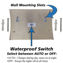 Load image into Gallery viewer, 4 Pack Solar Charging Wall Mount Downward Facing Cool White LED Lights with Mounting Screws, Outdoor Weatherproof, Automatic On and Off, Modern Slim Design, Stainless Steel, Silver Color