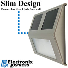 Load image into Gallery viewer, 4 Pack Solar Charging Wall Mount Downward Facing Cool White LED Lights with Mounting Screws, Outdoor Weatherproof, Automatic On and Off, Modern Slim Design, Stainless Steel, Silver Color