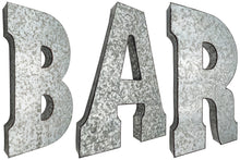 Load image into Gallery viewer, 20" Tall Metal "BAR" Letters - Hanging Décor, Silver with Rusted Edges, Galvanized Wall Mountable Decoration for Country, Mid-Century, or Farmhouse Theme