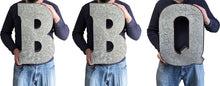 Load image into Gallery viewer, 20" Tall Metal "BBQ" Letters - Hanging Décor, Silver with Rusted Edges, Galvanized Wall Mountable Decoration for Country, Mid-Century, or Farmhouse Theme