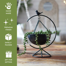 Load image into Gallery viewer, Elegant Matte Black Metal Bird Floor-Standing Indoor Planter with Hanging Bowl for Small Plants, 13-inches Tall x 8.6-inches Wide