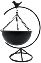 Load image into Gallery viewer, Elegant Matte Black Metal Bird Floor-Standing Indoor Planter with Hanging Bowl for Small Plants, 13-inches Tall x 8.6-inches Wide
