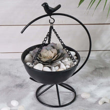 Load image into Gallery viewer, Elegant Matte Black Metal Bird Floor-Standing Indoor Planter with Hanging Bowl for Small Plants, 13-inches Tall x 8.6-inches Wide