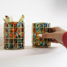Load image into Gallery viewer, Set of 2 Elegant Stainless Steel (Gold Color) and Turquoise Glass Cutlery Holders for Silverware - 3.1-inch Diameter x 4-inch Tall