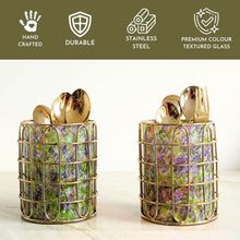 Load image into Gallery viewer, Set of 2 Elegant Stainless Steel (Gold Color) and Green Glass Cutlery Holders for Silverware - 3.1-inch Diameter x 4-inch Tall