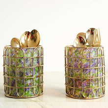 Load image into Gallery viewer, Set of 2 Elegant Stainless Steel (Gold Color) and Green Glass Cutlery Holders for Silverware - 3.1-inch Diameter x 4-inch Tall
