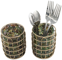 Load image into Gallery viewer, Set of 2 Elegant Stainless Steel (Gold Color) and Green Glass Cutlery Holders for Silverware - 3.1-inch Diameter x 4-inch Tall