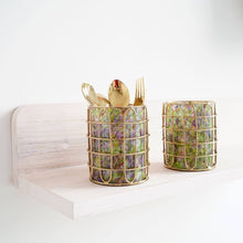 Load image into Gallery viewer, Set of 2 Elegant Stainless Steel (Gold Color) and Green Glass Cutlery Holders for Silverware - 3.1-inch Diameter x 4-inch Tall