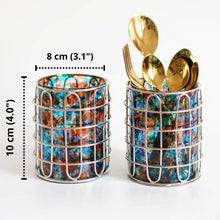 Load image into Gallery viewer, Set of 2 Elegant Stainless Steel (Silver Color) and Blue/Orange Glass Cutlery Holders for Silverware - 3.1-inch Diameter x 4-inch Tall