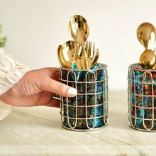 Load image into Gallery viewer, Set of 2 Elegant Stainless Steel (Silver Color) and Blue/Orange Glass Cutlery Holders for Silverware - 3.1-inch Diameter x 4-inch Tall