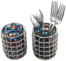 Load image into Gallery viewer, Set of 2 Elegant Stainless Steel (Silver Color) and Blue/Orange Glass Cutlery Holders for Silverware - 3.1-inch Diameter x 4-inch Tall