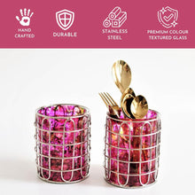Load image into Gallery viewer, Set of 2 Elegant Stainless Steel (Silver Color) and Pink Glass Cutlery Holders for Silverware - 3.1-inch Diameter x 4-inch Tall