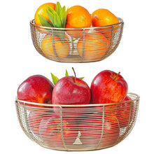 Load image into Gallery viewer, Set of 2 Different Size Air Circulating Fruit Baskets - Includes 10-inch and 8-inch Wide Gold Color Bowls