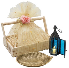 Load image into Gallery viewer, Leaves of Blue Light Gift Basket - Includes Gold Color Metal Leaf Jewelry Tray, Mini Moroccan Lantern with LED Tea Light, and 11¾" x 7¾" Wooden Basket