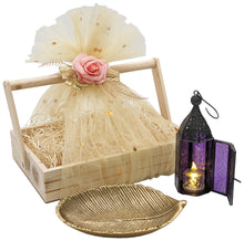 Load image into Gallery viewer, Leaves of Purple Light Gift Basket - Includes Gold Color Metal Leaf Jewelry Tray, Mini Moroccan Lantern with LED Tea Light, and 11¾" x 7¾" Wooden Basket
