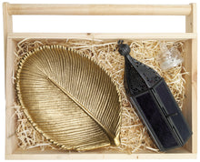 Load image into Gallery viewer, Leaves of Purple Light Gift Basket - Includes Gold Color Metal Leaf Jewelry Tray, Mini Moroccan Lantern with LED Tea Light, and 11¾" x 7¾" Wooden Basket