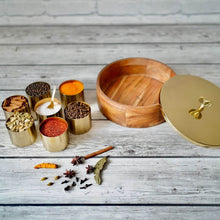 Load image into Gallery viewer, Wood and Stainless Steel (Gold Color) Round Masala Dabba Box with 7 Containers and Mini Spoon, Measures 9-inches Wide x 3-inches Tall