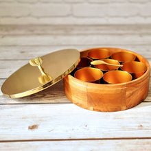 Load image into Gallery viewer, Wood and Stainless Steel (Gold Color) Round Masala Dabba Box with 7 Containers and Mini Spoon, Measures 9-inches Wide x 3-inches Tall