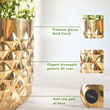 Load image into Gallery viewer, Hand-crafted Gold Pineapple Metal Planter Vase with 1/2 Gallon Capacity - Measures 6.1-inches Wide and 5.3-inches Tall