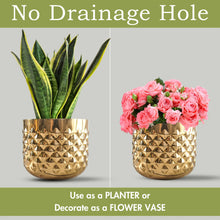 Load image into Gallery viewer, Hand-crafted Gold Pineapple Metal Planter Vase with 1/2 Gallon Capacity - Measures 6.1-inches Wide and 5.3-inches Tall