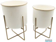 Load image into Gallery viewer, Set of 2 Different Size Hammered Off-White & Gold Metal Tabletop Indoor Planters with Stands - Includes 1 Gallon and 2/3 Gallon Pot for Small to Medium Plants