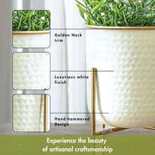 Load image into Gallery viewer, Set of 2 Different Size Hammered Off-White & Gold Metal Tabletop Indoor Planters with Stands - Includes 1 Gallon and 2/3 Gallon Pot for Small to Medium Plants