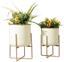 Load image into Gallery viewer, Set of 2 Different Size Hammered Off-White & Gold Metal Tabletop Indoor Planters with Stands - Includes 1 Gallon and 2/3 Gallon Pot for Small to Medium Plants