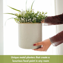 Load image into Gallery viewer, Set of 2 Different Size Hammered Off-White & Gold Metal Tabletop Indoor Planters with Stands - Includes 1 Gallon and 2/3 Gallon Pot for Small to Medium Plants